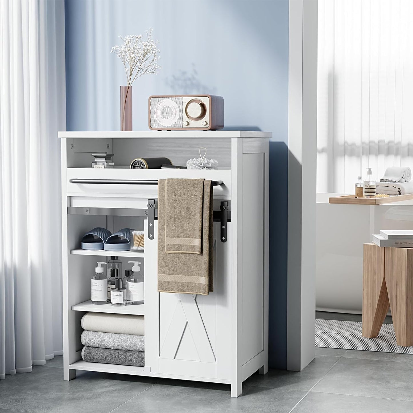White Farmhouse Sliding Door Cabinet with Tray Drawer | Bathroom, Kitchen & Living Room Storage
