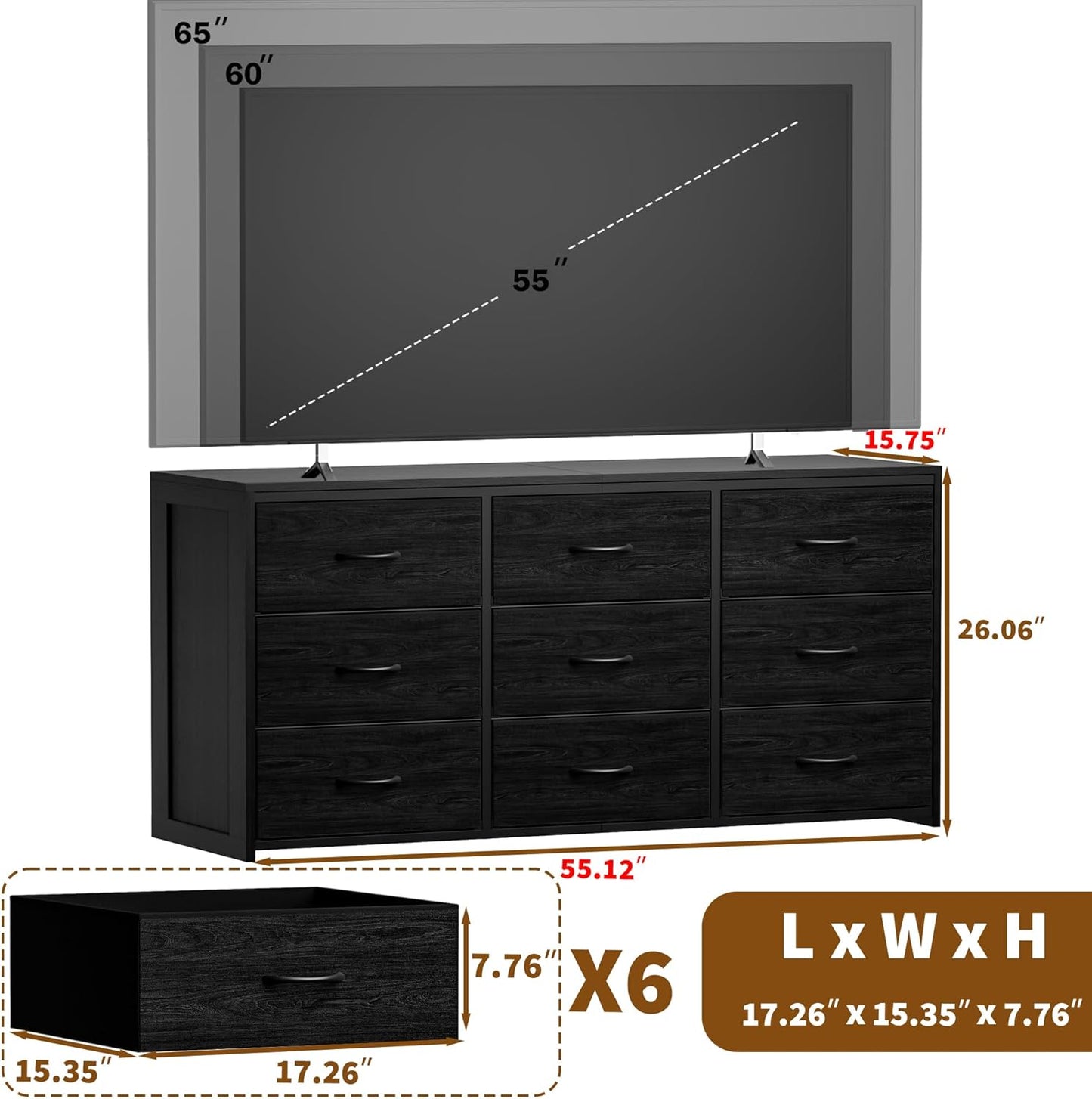 Black 9-Drawer Dresser & 65" TV Stand - 15.75" Deep Fabric Storage with Wooden Top for Bedroom to Hallway