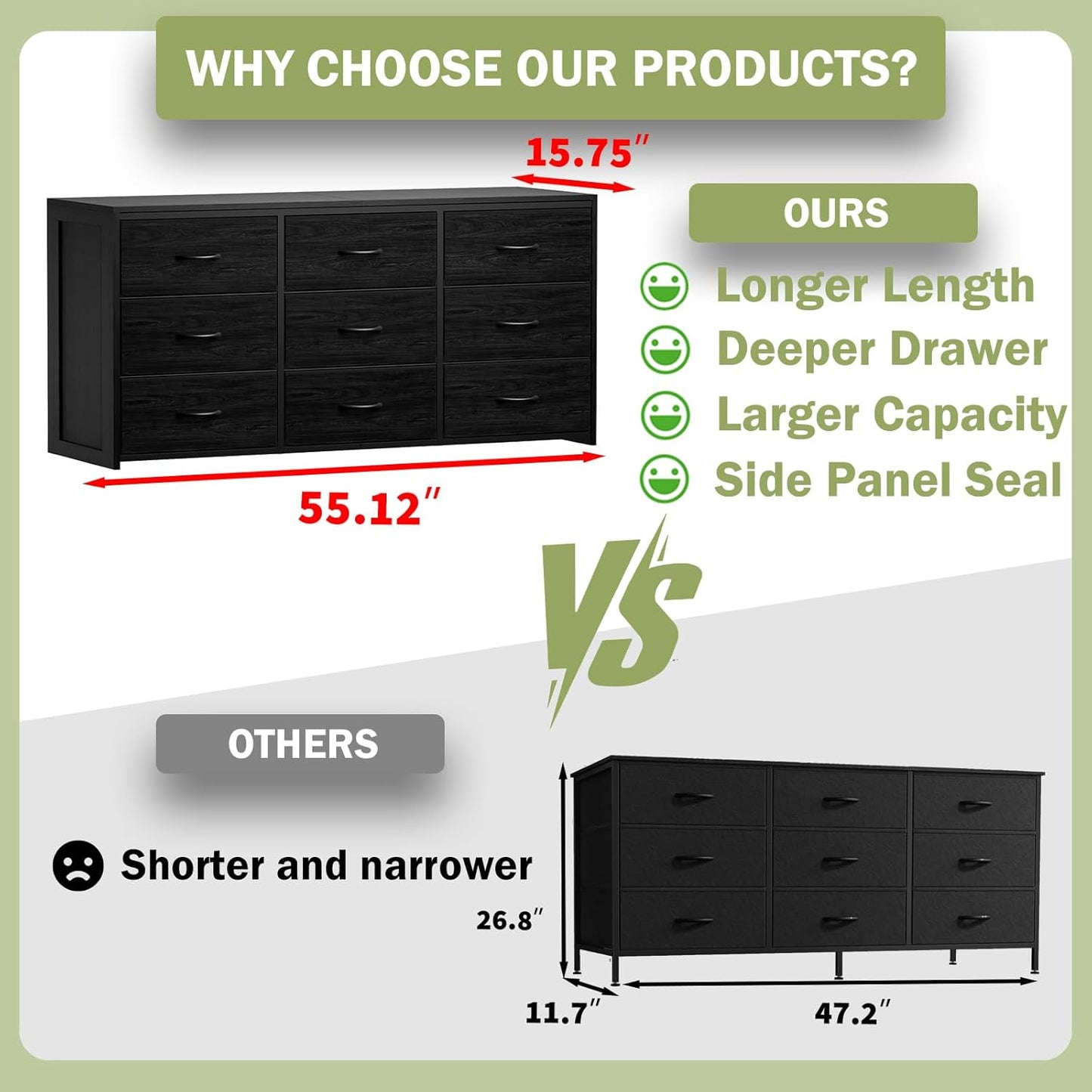 Black 9-Drawer Dresser & 65" TV Stand - 15.75" Deep Fabric Storage with Wooden Top for Bedroom to Hallway