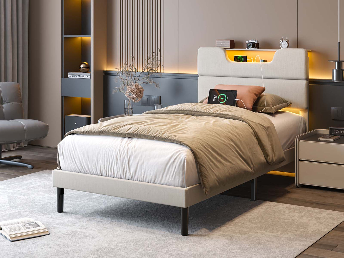 Bed Frame with LED Lights, Headboard with Charging Station and USB Port