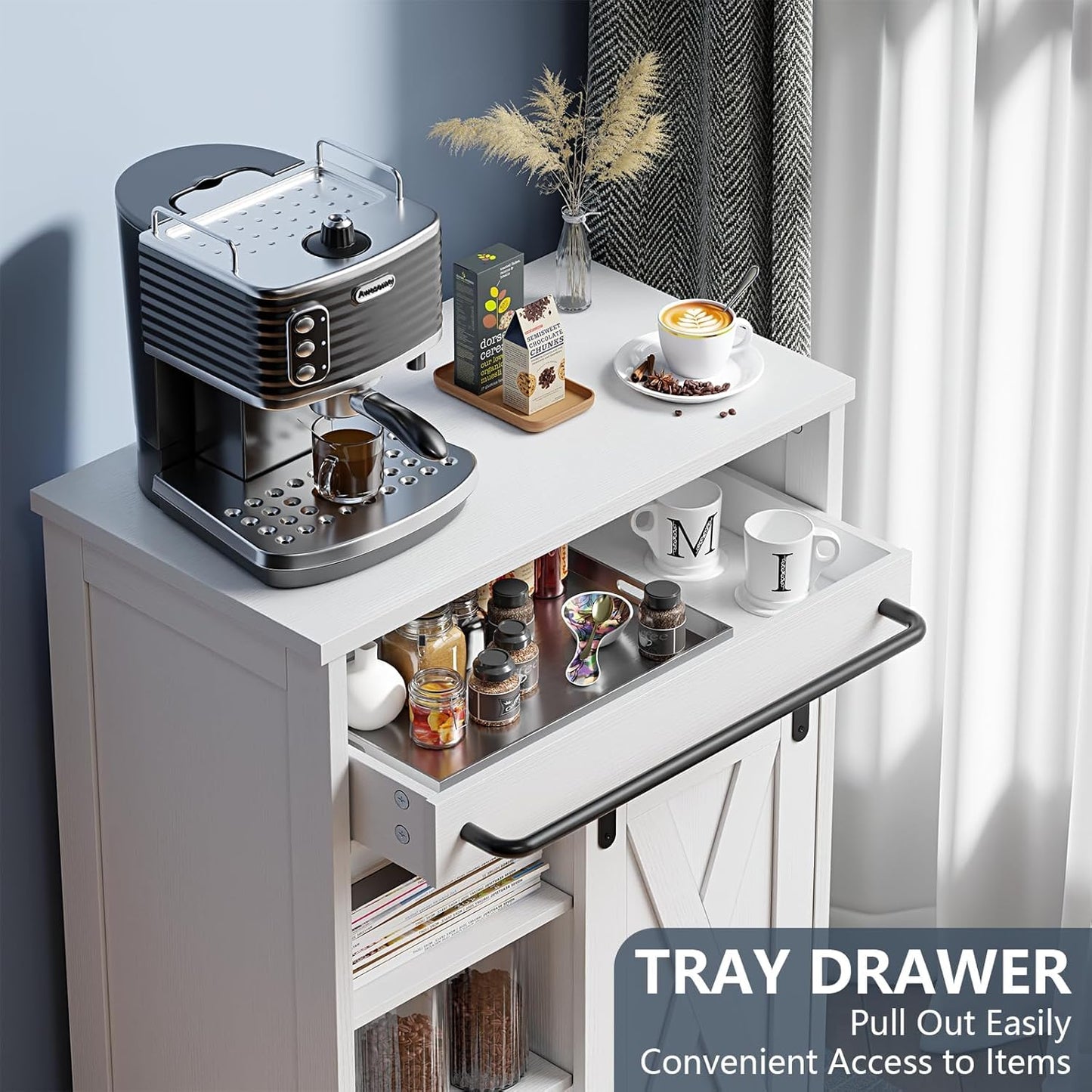 White Farmhouse Sliding Door Cabinet with Tray Drawer | Bathroom, Kitchen & Living Room Storage