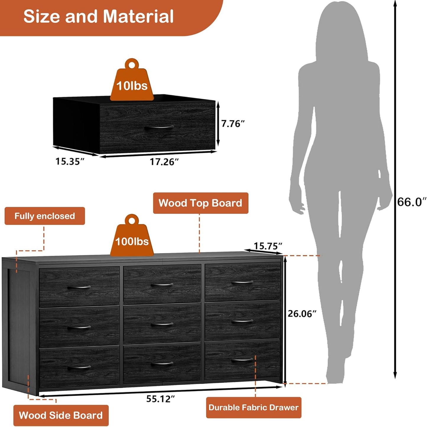 Black 9-Drawer Dresser & 65" TV Stand - 15.75" Deep Fabric Storage with Wooden Top for Bedroom to Hallway