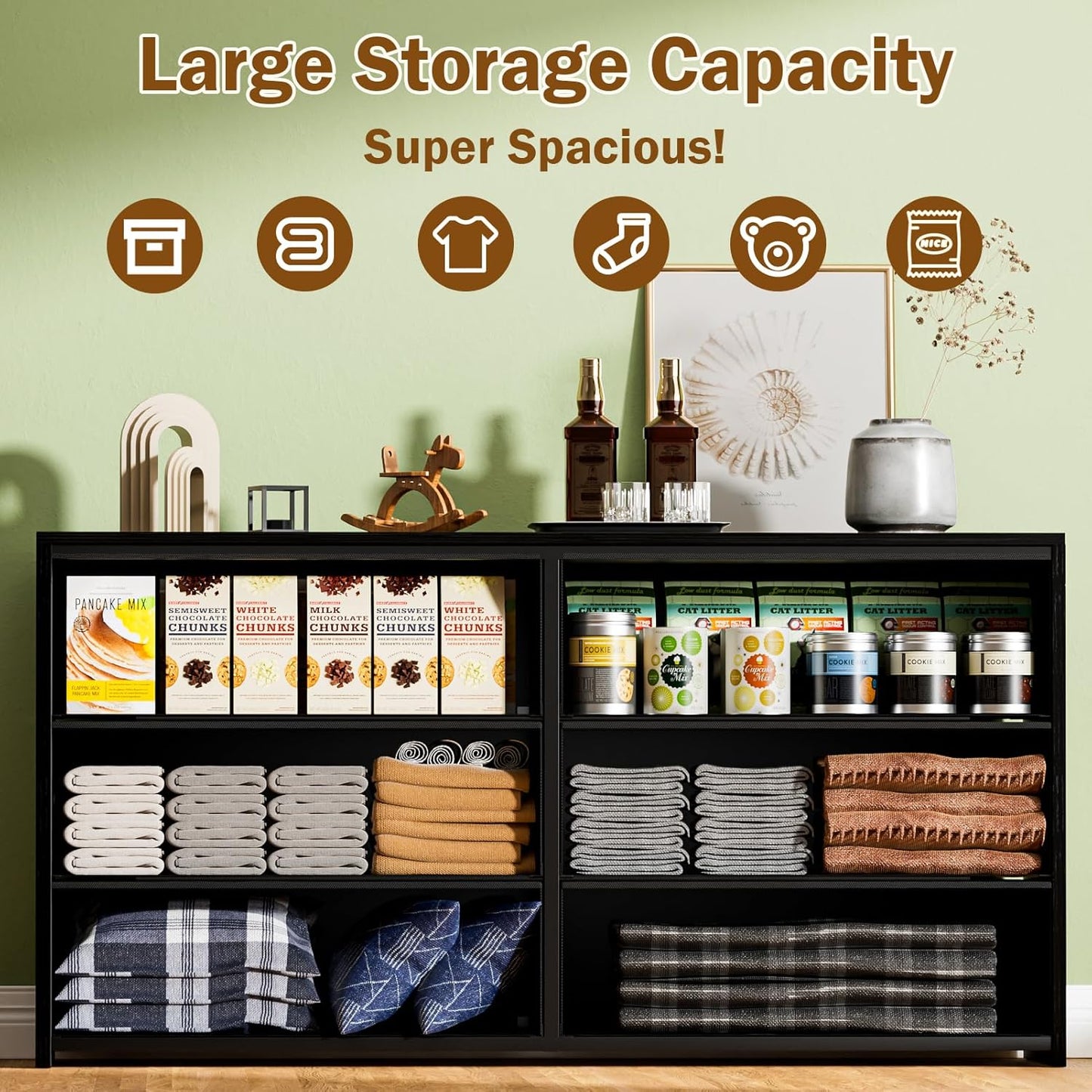 Black 6-Drawer Dresser & TV Stand - Multi-Functional Wooden & Fabric Storage for Bedroom to Living Room