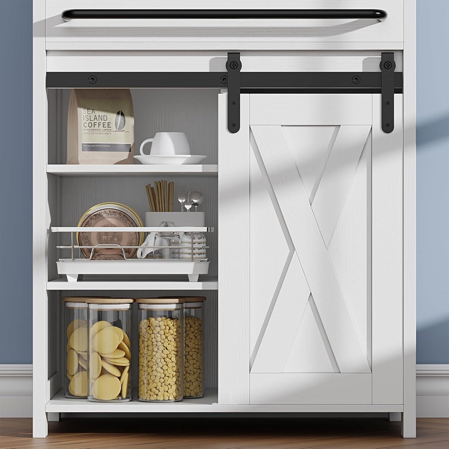 White Farmhouse Sliding Door Cabinet with Tray Drawer | Bathroom, Kitchen & Living Room Storage