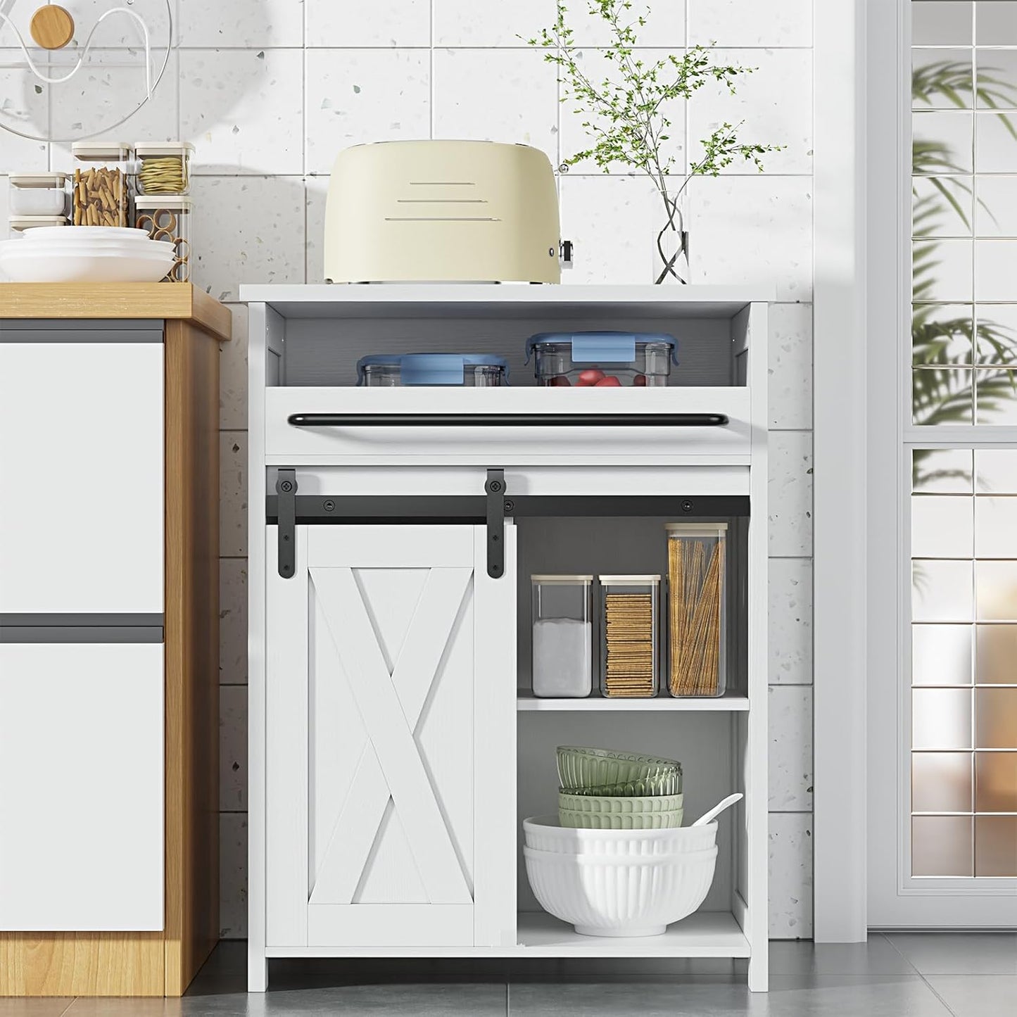 White Farmhouse Sliding Door Cabinet with Tray Drawer | Bathroom, Kitchen & Living Room Storage