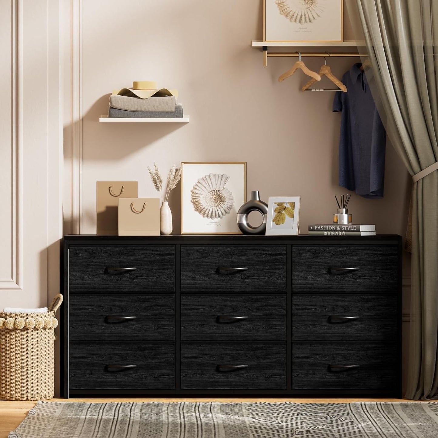 Black 9-Drawer Dresser & 65" TV Stand - 15.75" Deep Fabric Storage with Wooden Top for Bedroom to Hallway