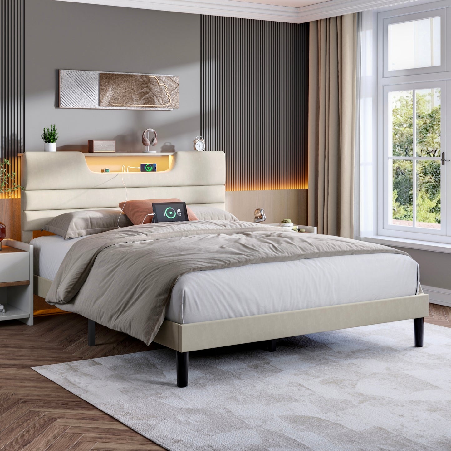 Bed Frame with LED Lights, Headboard with Charging Station and USB Port