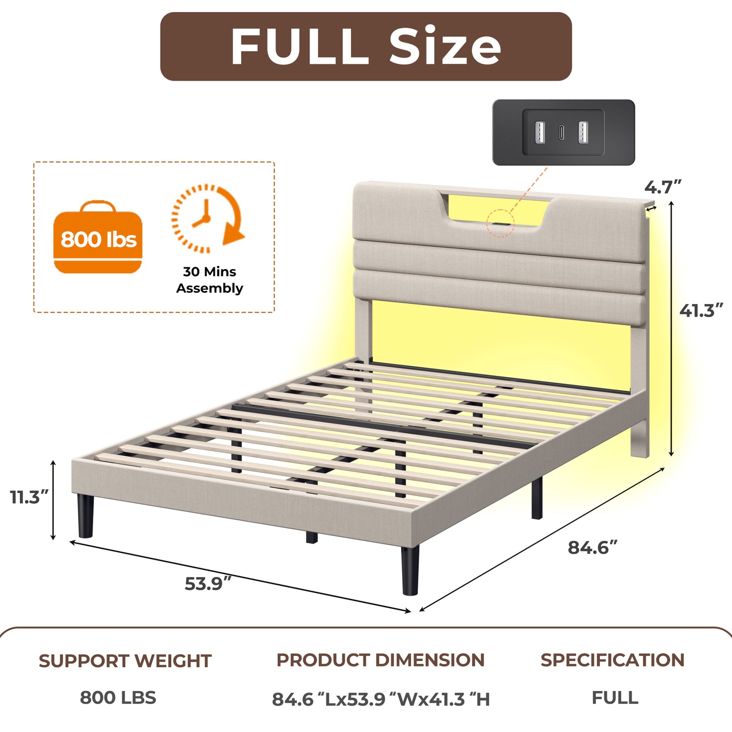 Bed Frame with LED Lights, Headboard with Charging Station and USB Port
