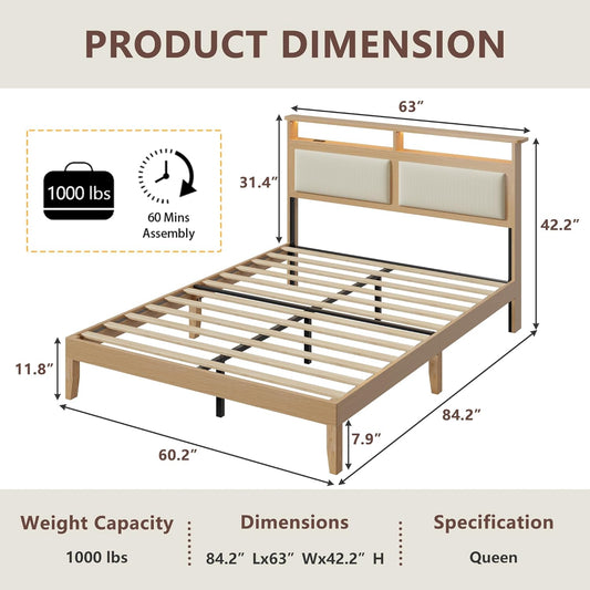 Queen Bed Frame with Headboard, Upholstered Corduroy Bedframe with LED Lights and Charging Station