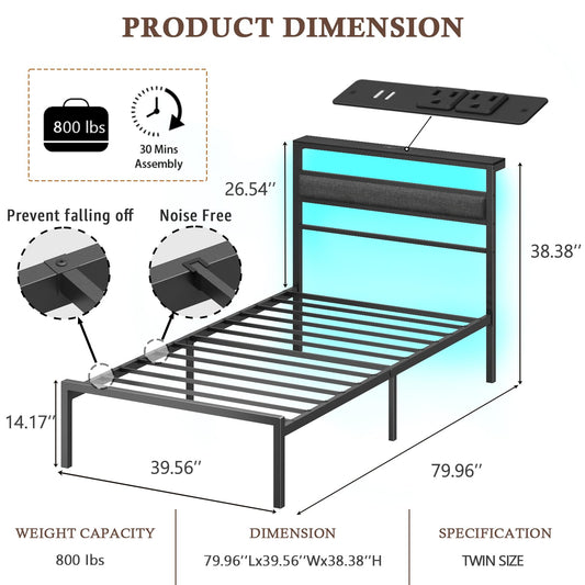 Twin Bed Frame with Led Lights and Outets, Upholstered Bed Queen Size with Headboard and Charging Station