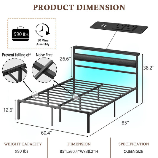 Queen Bed Frame with Led Lights and Outets, Upholstered Bed Queen Size with Headboard and Charging Station
