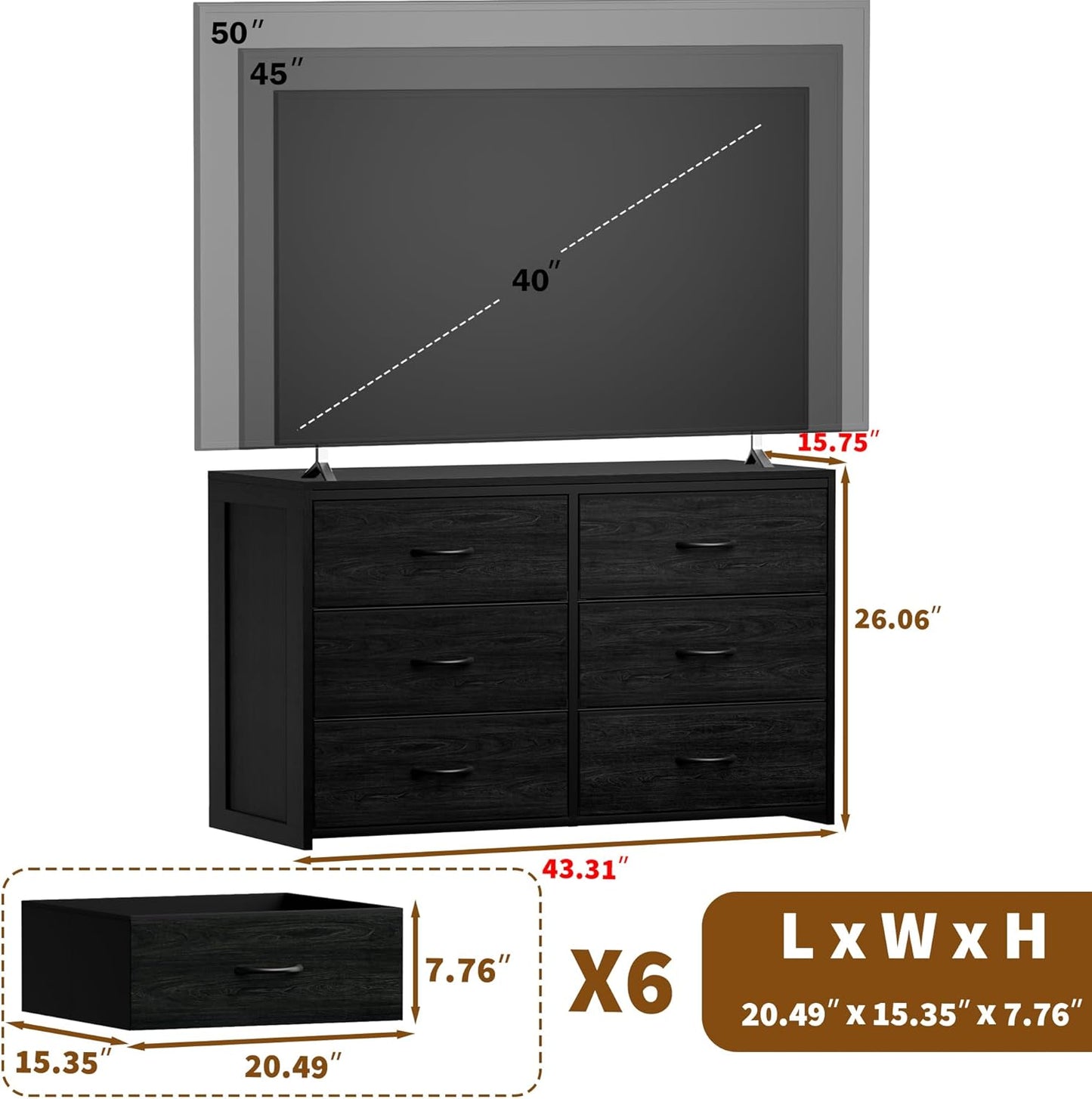 Black 6-Drawer Dresser & TV Stand - Multi-Functional Wooden & Fabric Storage for Bedroom to Living Room