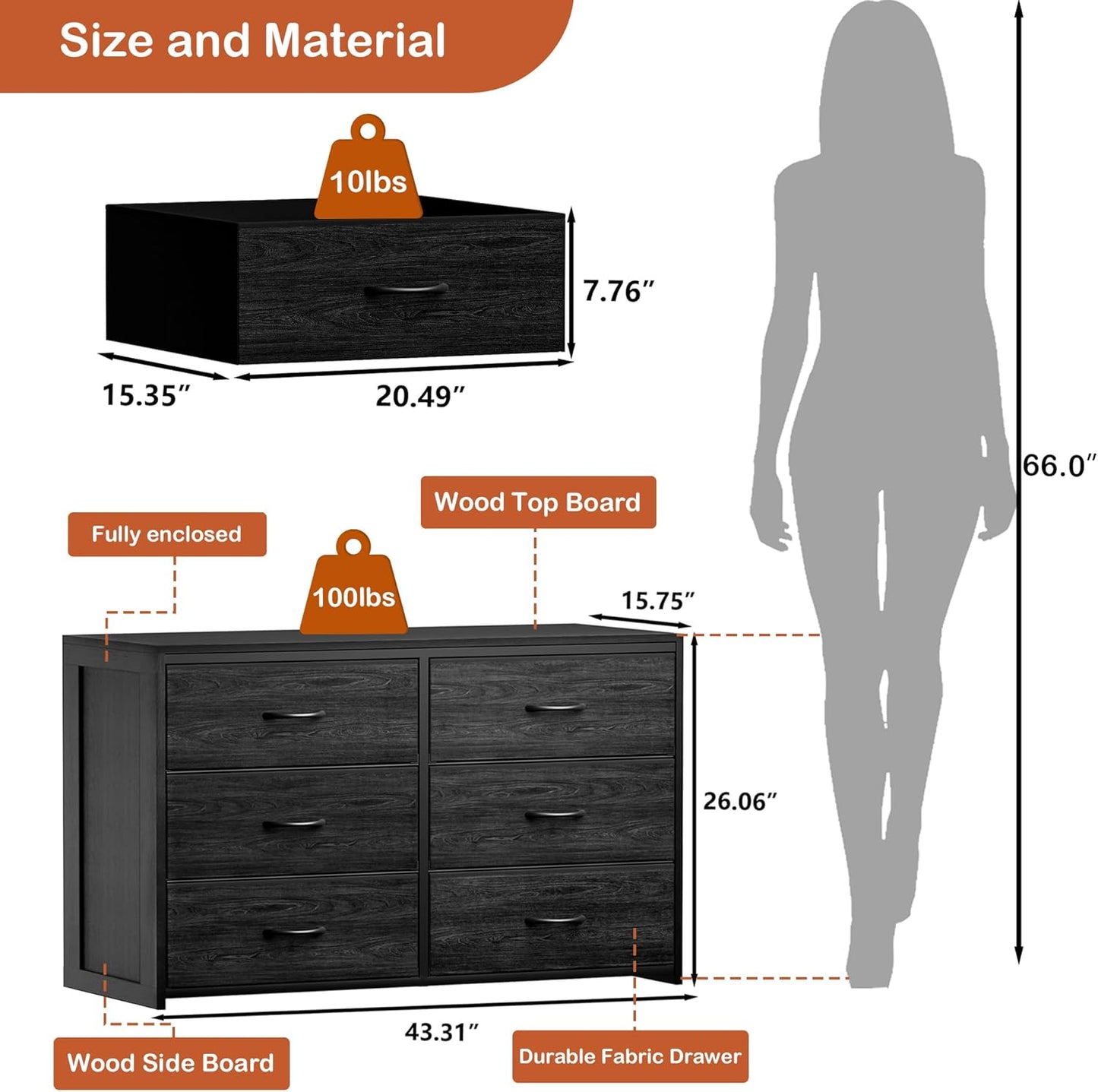 Black 6-Drawer Dresser & TV Stand - Multi-Functional Wooden & Fabric Storage for Bedroom to Living Room