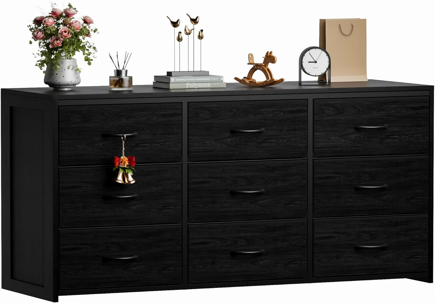 Black 9-Drawer Dresser & 65" TV Stand - 15.75" Deep Fabric Storage with Wooden Top for Bedroom to Hallway