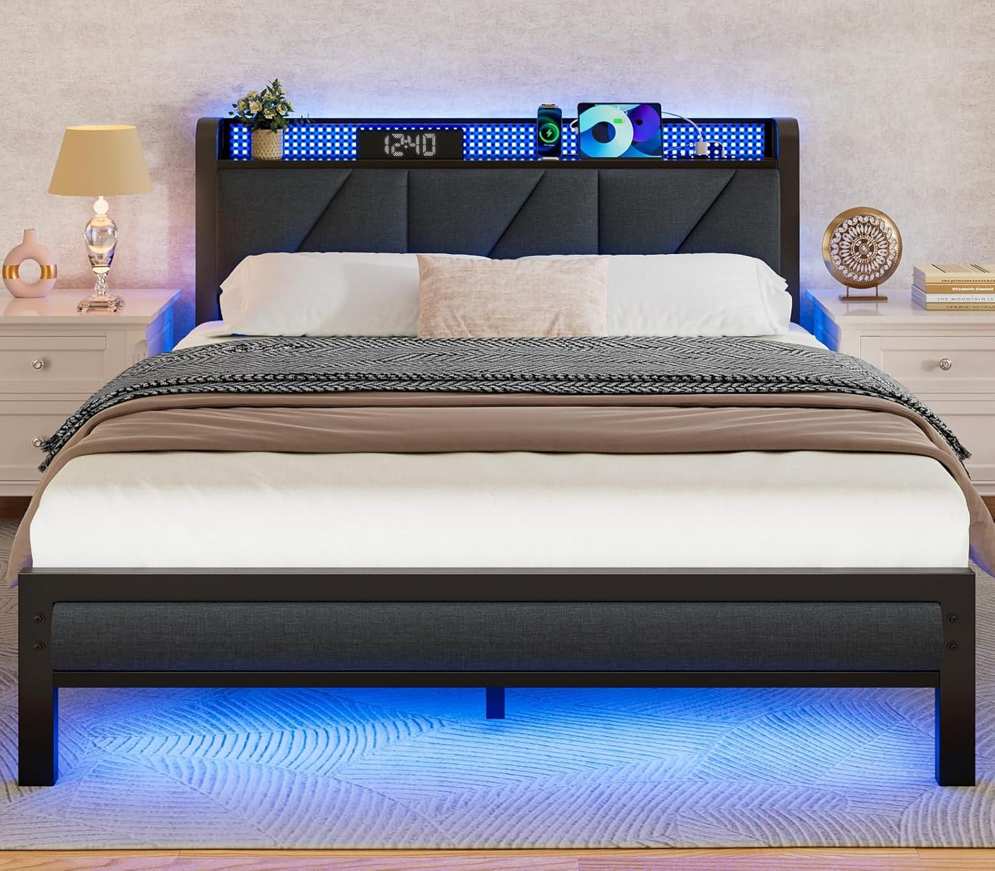 Queen Bed Frame with Headboard and Storage Shelf, LED Light and Charging Station, Metal Platform Bed with Heavy Duty Slats, No Box Spring Needed, Noise Free