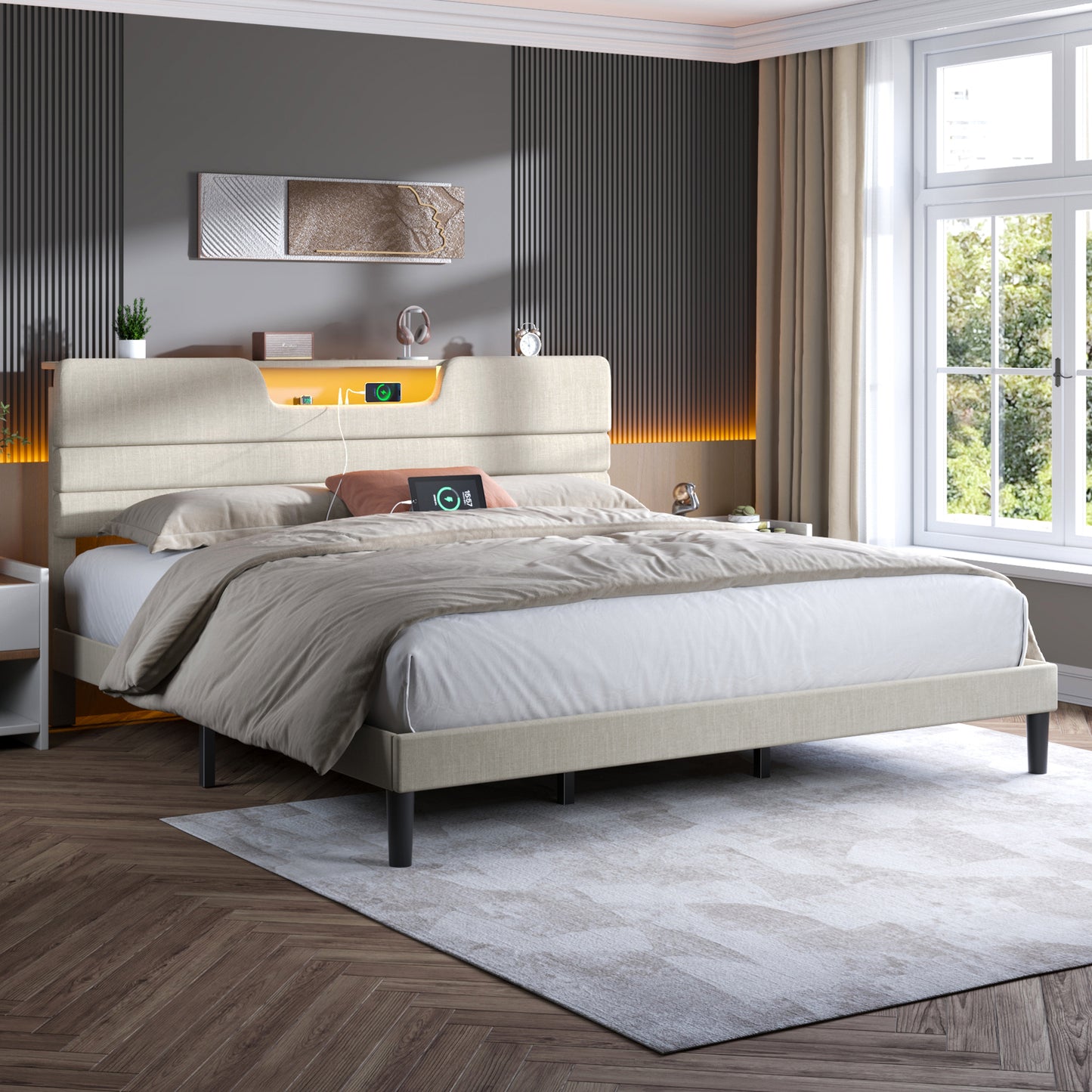 Bed Frame with LED Lights, Headboard with Charging Station and USB Port
