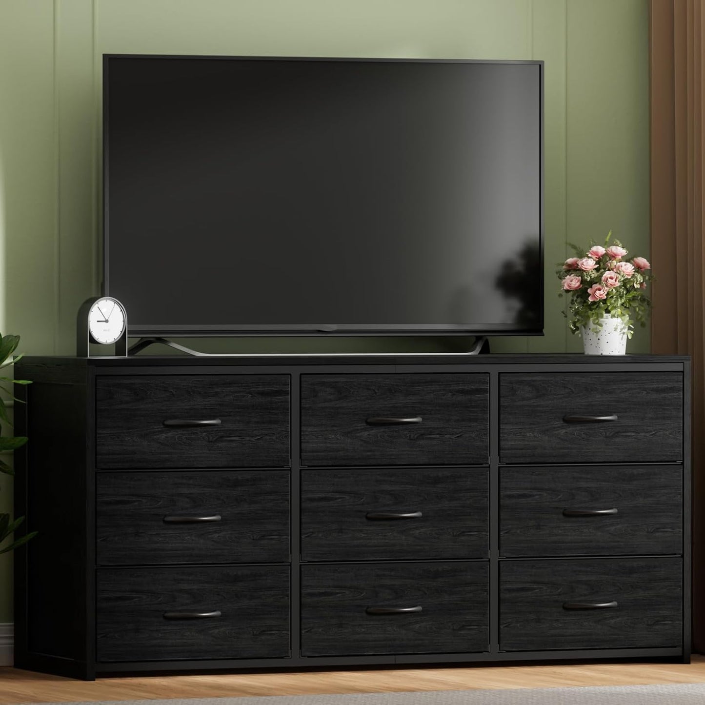 Black 9-Drawer Dresser & 65" TV Stand - 15.75" Deep Fabric Storage with Wooden Top for Bedroom to Hallway