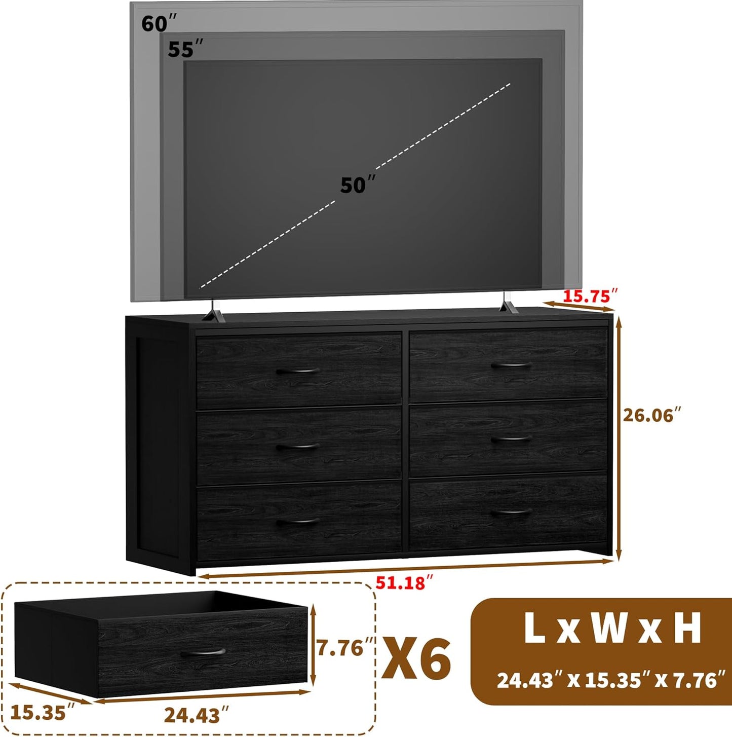 Black 6-Drawer Dresser & TV Stand - Multi-Functional Wooden & Fabric Storage for Bedroom to Living Room