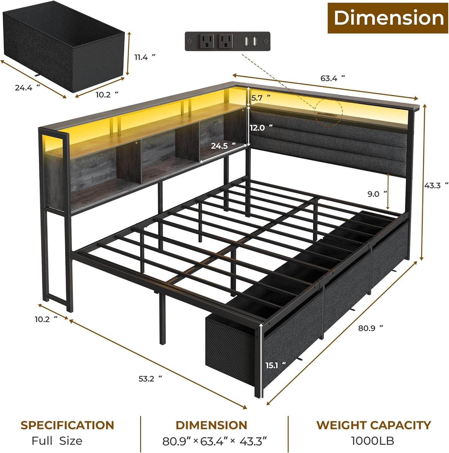 Full Size Bed Frame with Headboard and Storage Drawers, Full Metal Platform Corner Bed Frame with Charging Station and LED Lights, Heavy Duty Strong Support Slats and Easy to Assemble, Gray