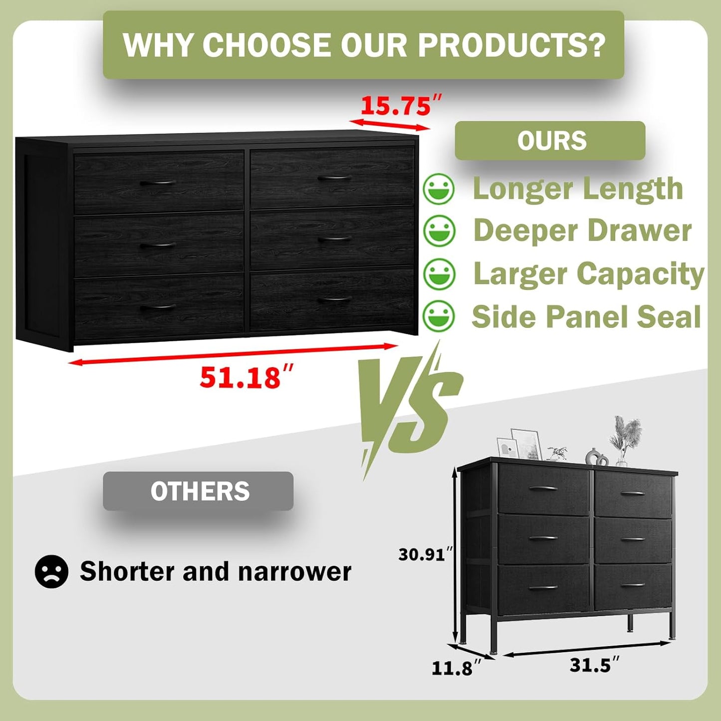 Black 6-Drawer Dresser & TV Stand - Multi-Functional Wooden & Fabric Storage for Bedroom to Living Room