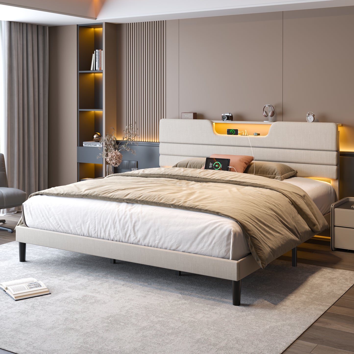Bed Frame with LED Lights, Headboard with Charging Station and USB Port