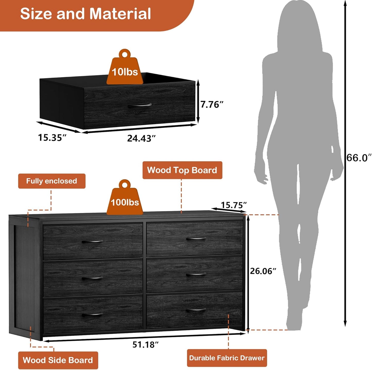 Black 6-Drawer Dresser & TV Stand - Multi-Functional Wooden & Fabric Storage for Bedroom to Living Room