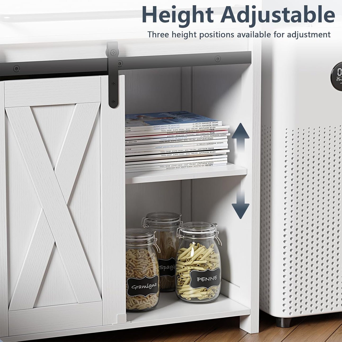 White Farmhouse Sliding Door Cabinet with Tray Drawer | Bathroom, Kitchen & Living Room Storage