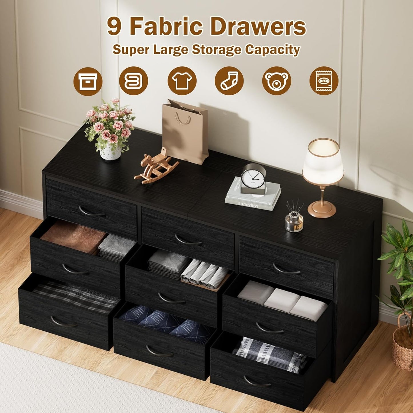 Black 9-Drawer Dresser & 65" TV Stand - 15.75" Deep Fabric Storage with Wooden Top for Bedroom to Hallway