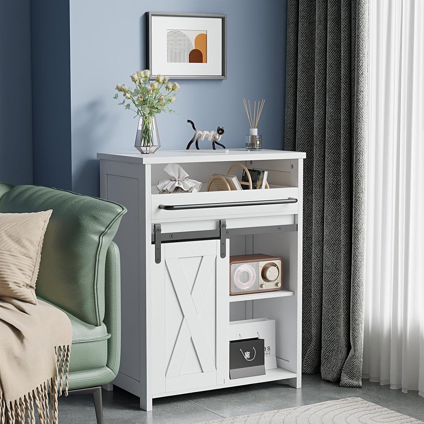 White Farmhouse Sliding Door Cabinet with Tray Drawer | Bathroom, Kitchen & Living Room Storage