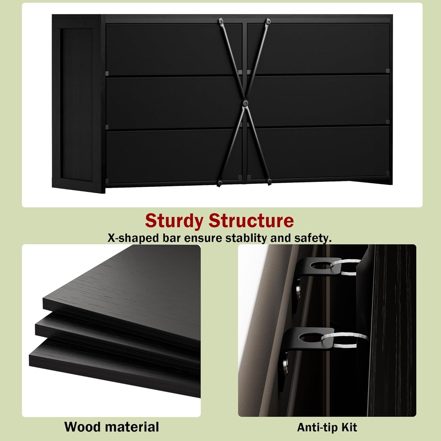 Black 6-Drawer Dresser & TV Stand - Multi-Functional Wooden & Fabric Storage for Bedroom to Living Room