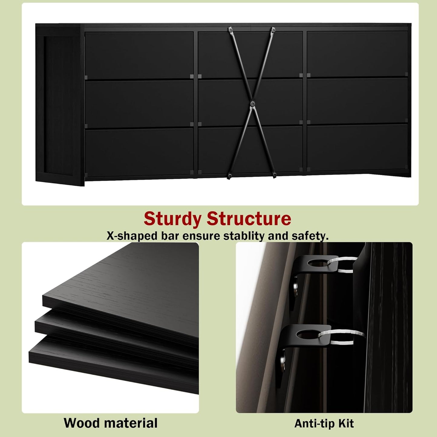 Black 9-Drawer Dresser & 65" TV Stand - 15.75" Deep Fabric Storage with Wooden Top for Bedroom to Hallway