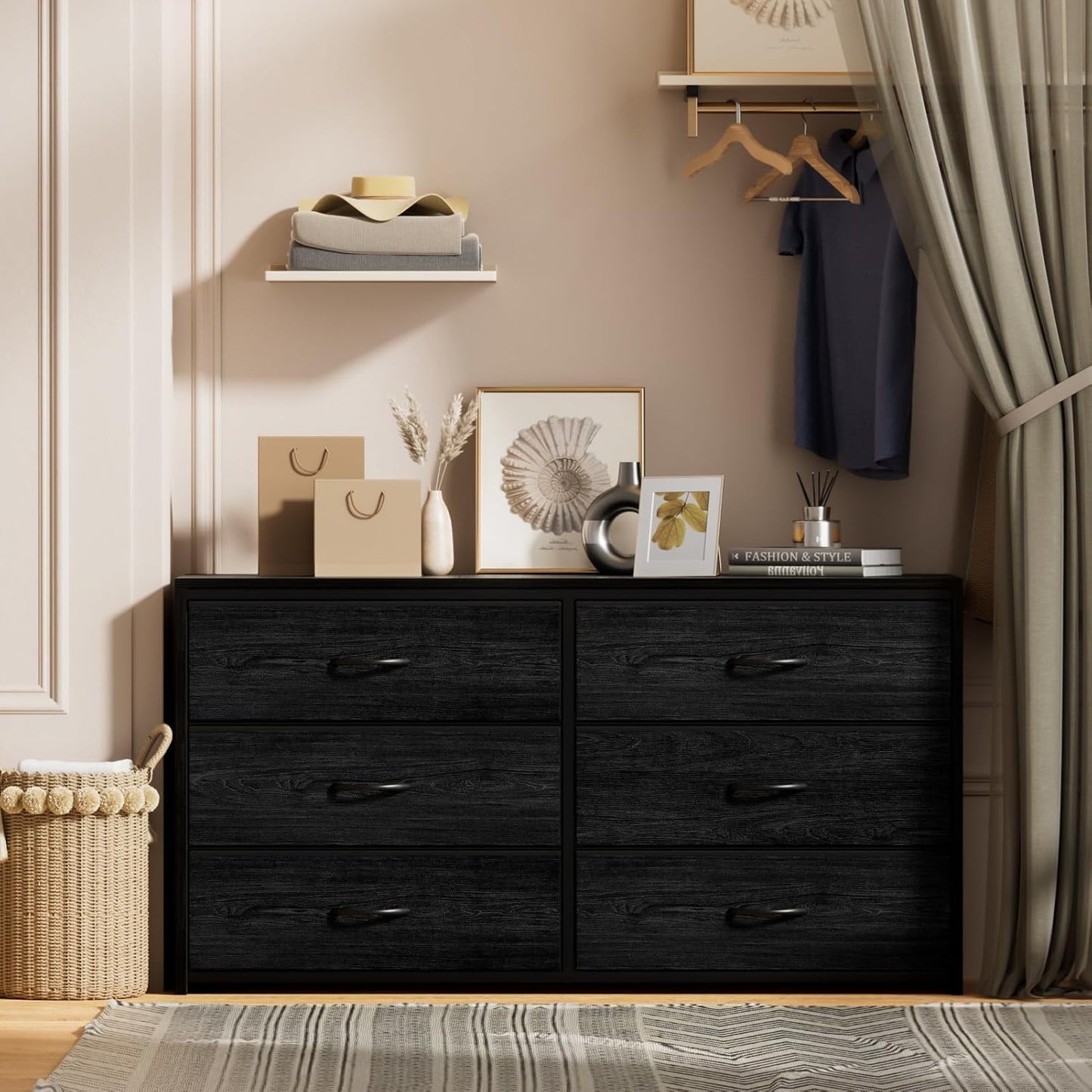 Black 6-Drawer Dresser & TV Stand - Multi-Functional Wooden & Fabric Storage for Bedroom to Living Room
