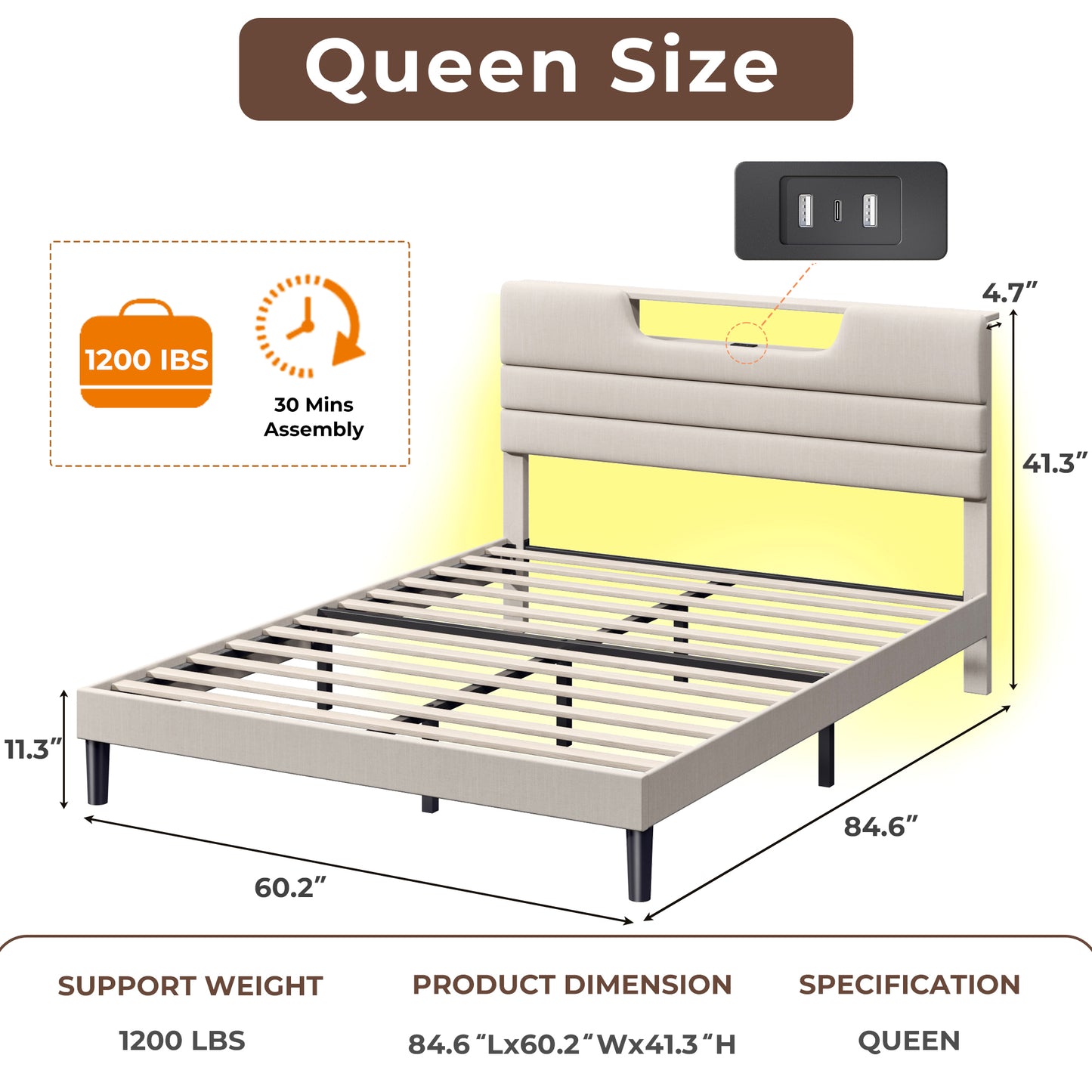 Bed Frame with LED Lights, Headboard with Charging Station and USB Port